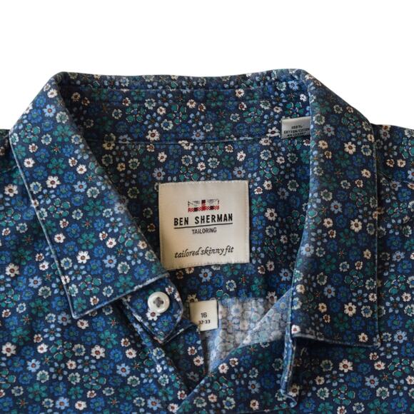 Ben Sherman Tailored Skinny Fit Blue Floral Shirt Size 16 (32–33) - Picture 3 of 6